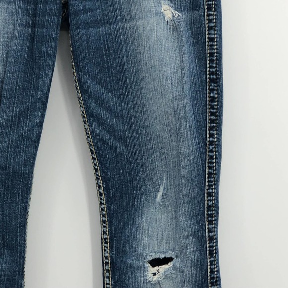 Silver Jeans Womens 27 Twisted Bootcut Distressed Denim Whiskered Blue - Picture 2 of 16